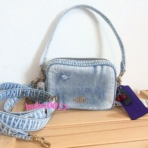 NWT🍒Coach Mini Carey Crossbody Bag In Loved Denim With Cherry Charms CEK75 Rare
